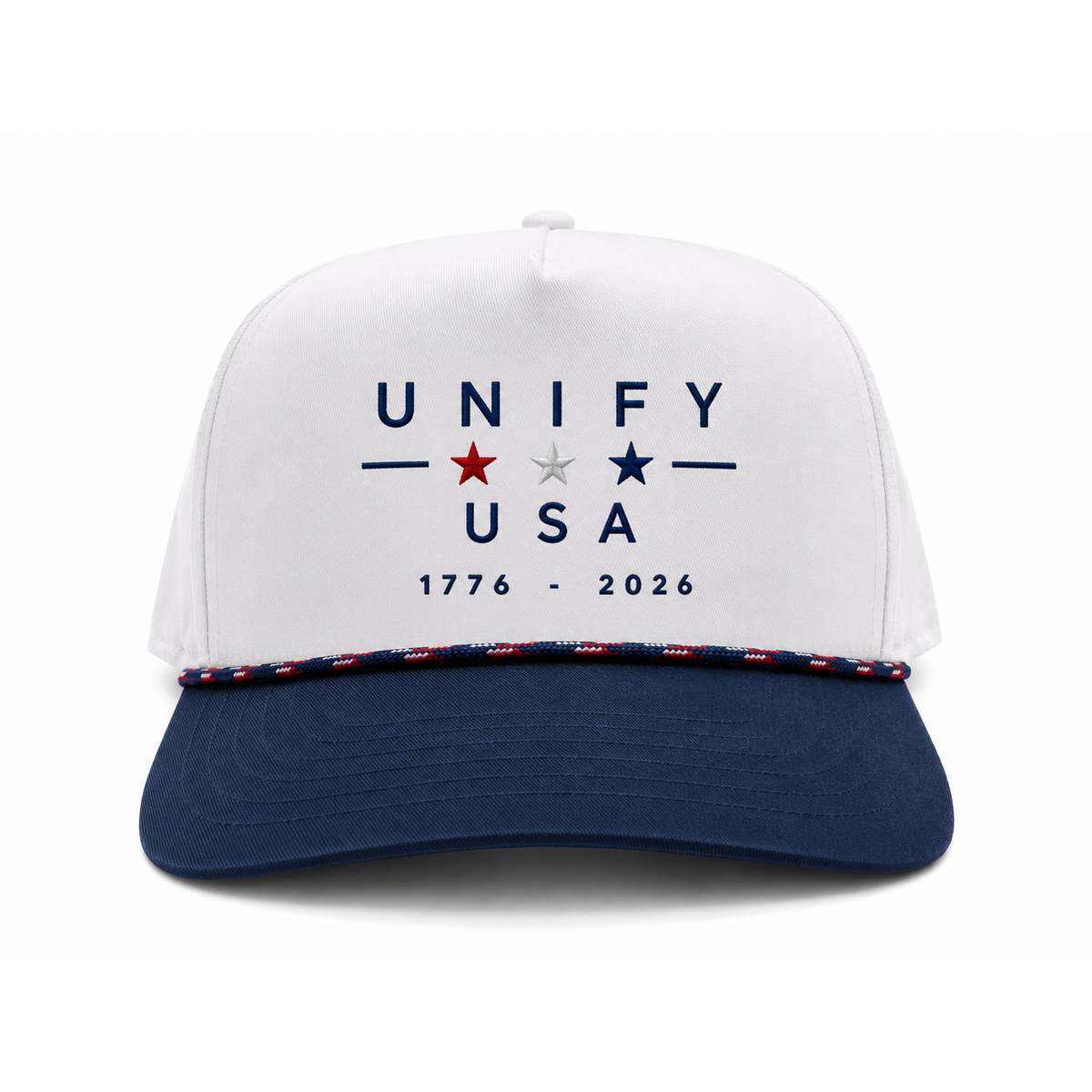 UNIFY USA America 250 rope hat front, white crown navy brim, red white and blue stars, 1776 to 2026