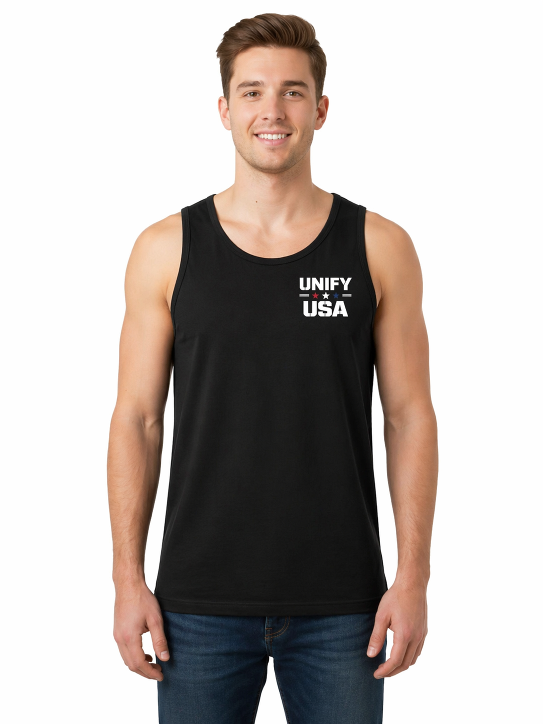 UNIFY USA tank top front view on model - patriotic American sleeveless shirt
