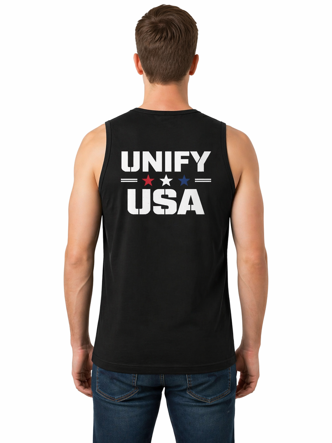 UNIFY USA tank top back view on model - large patriotic logo
