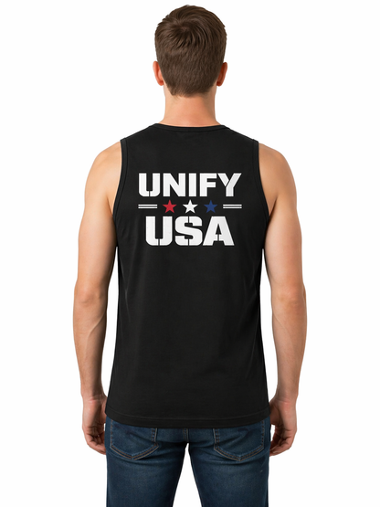 UNIFY USA tank top back view on model - large patriotic logo