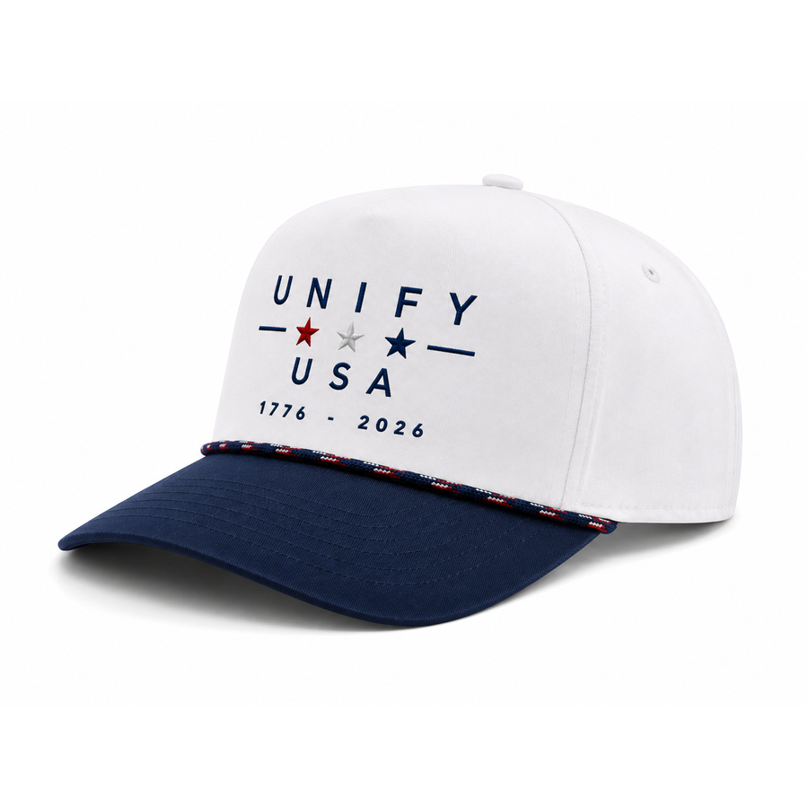 UNIFY USA America 250 rope hat angled view, white crown navy brim, red white and blue stars