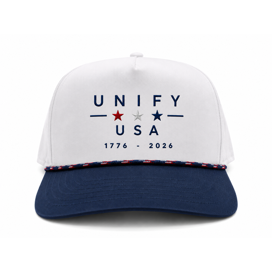 UNIFY USA America 250 rope hat front, white crown navy brim, red white and blue stars, 1776 to 2026