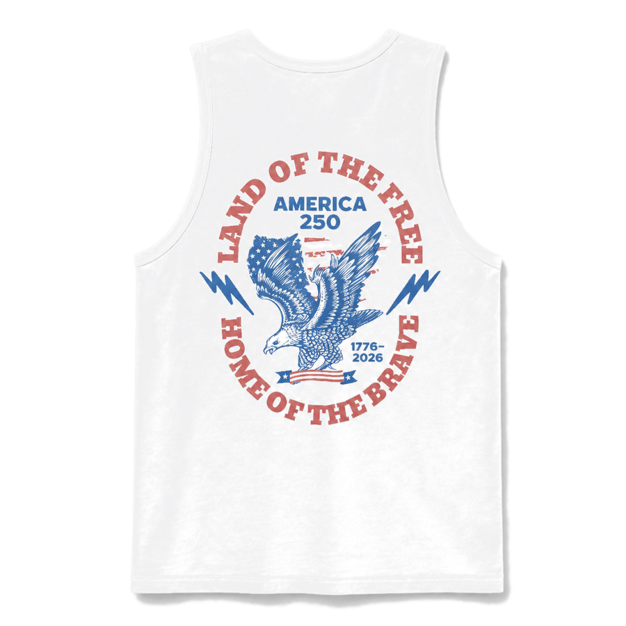UNIFY USA America 250 Tank in white, back view with Land of the Free eagle crest